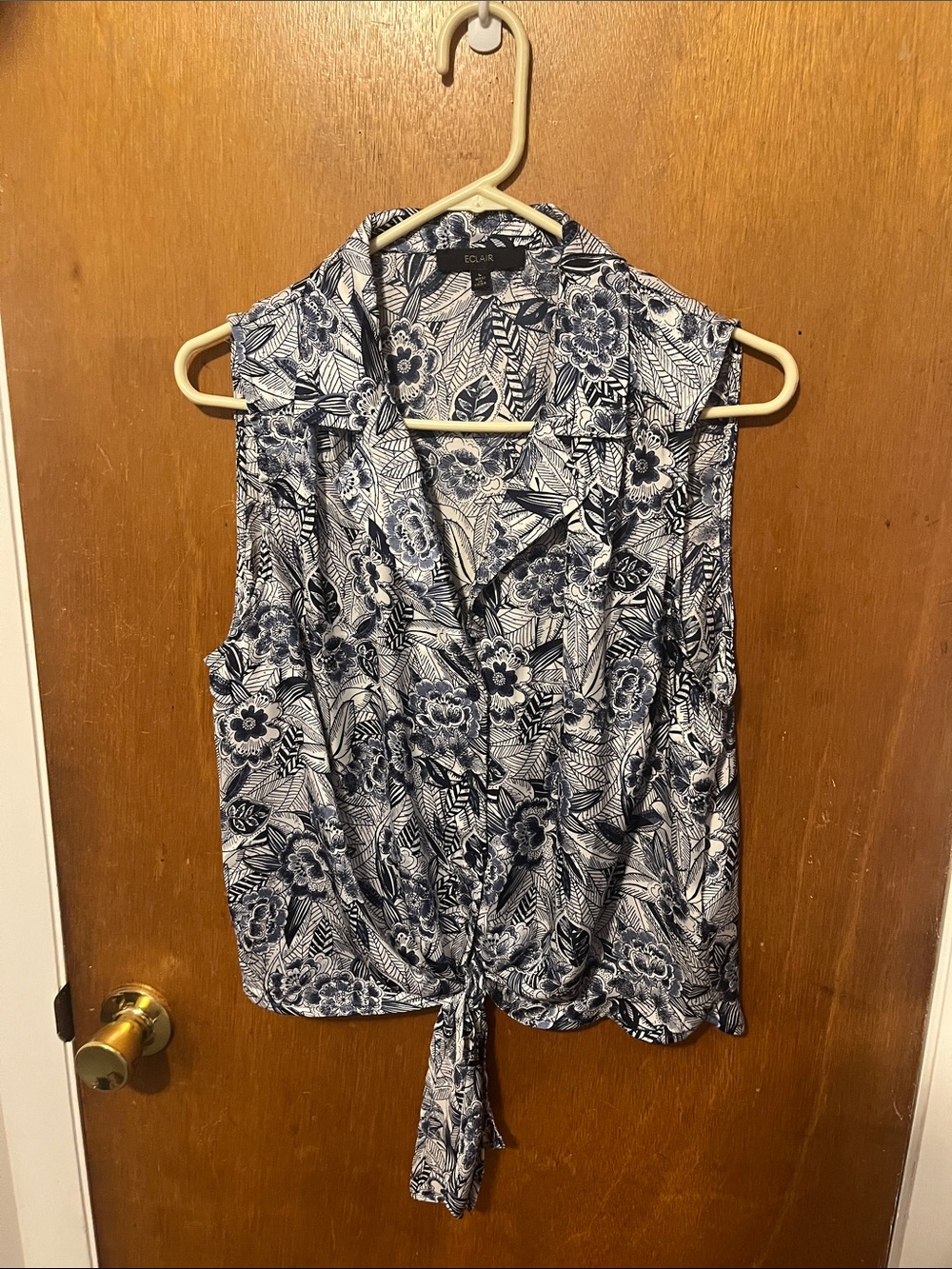Sleeveless Navy Floral Tie-Front Blouse by ECLAIR